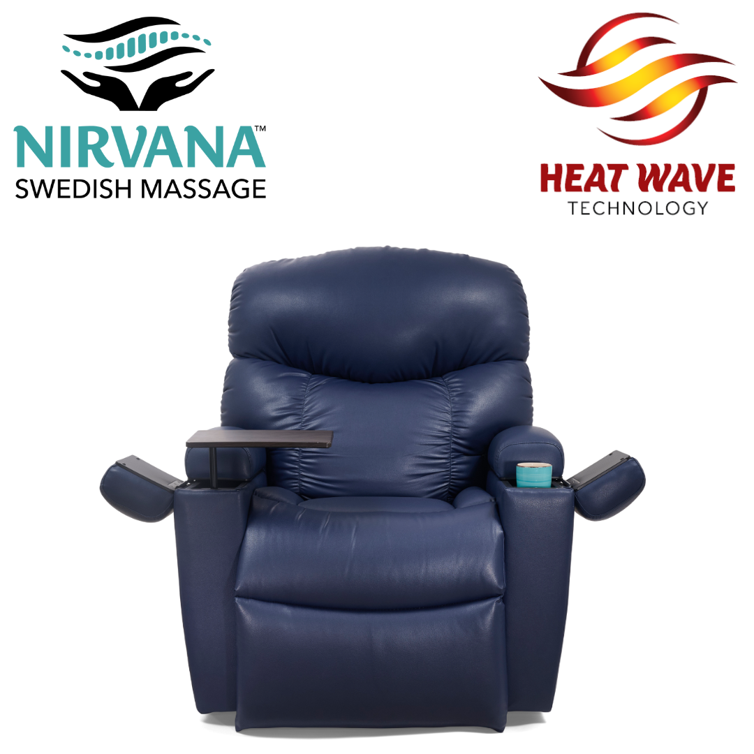 The Golden PR525 Cloud+ Lift Chair in blue comes with memory foam, cup holders, an attached tray, and features Nirvana Swedish Massage (left) and Heatwave Technology (right) logos.